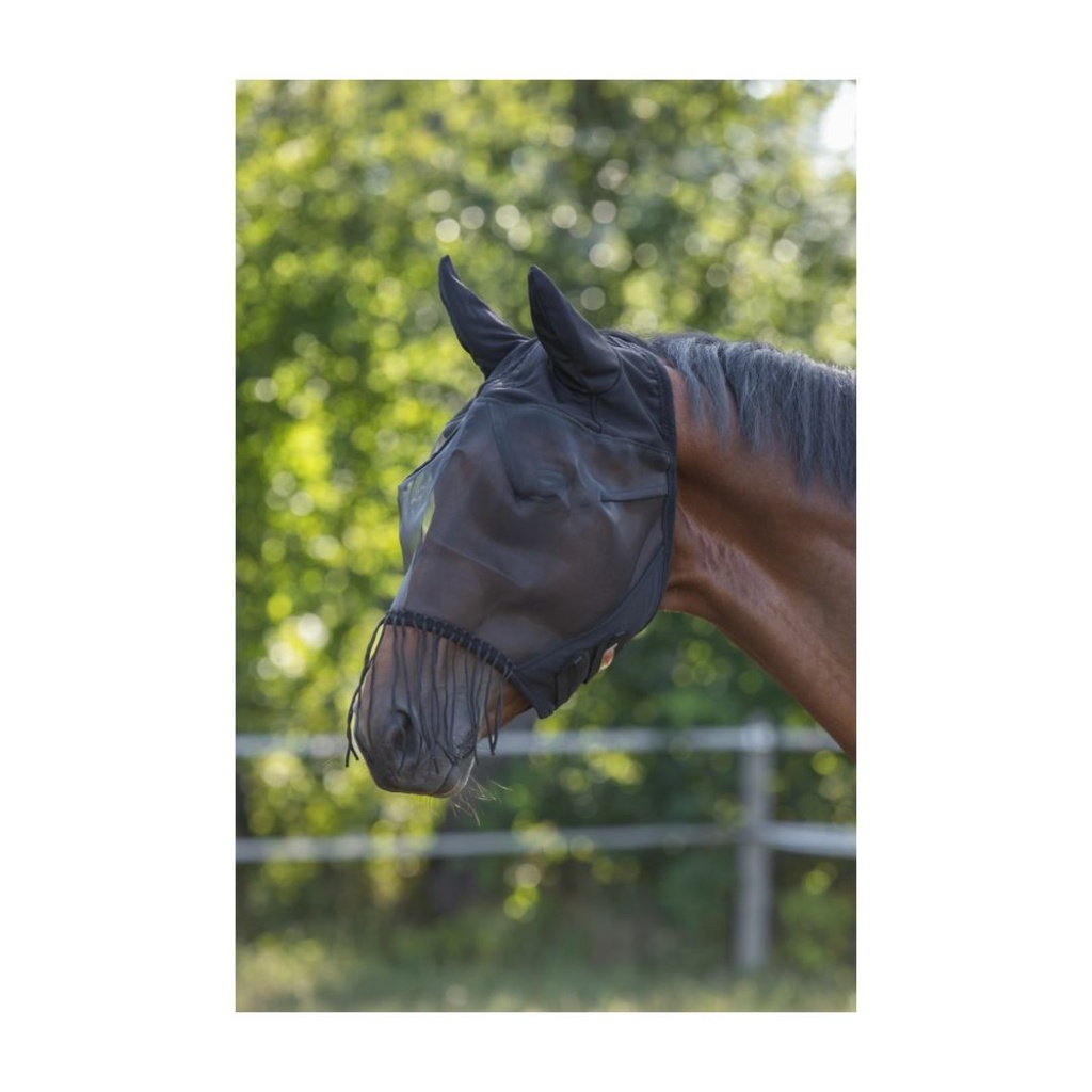 Fly mask with ear protection and nostril cord